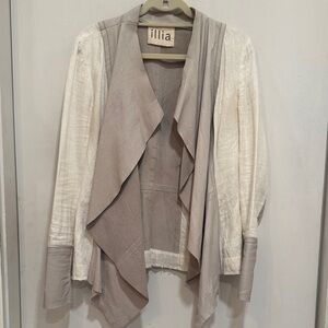 Illia Size 10 Draped Jacket in Cream Linen and Taupe Leather